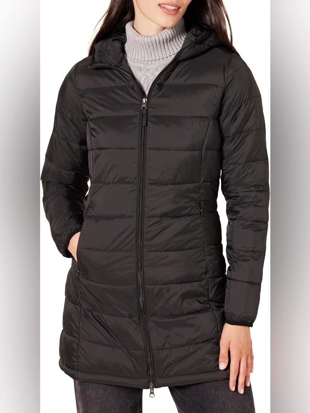 Amazon essentials Black Long Puffer Coat - Lightweight Quilted Jacket large